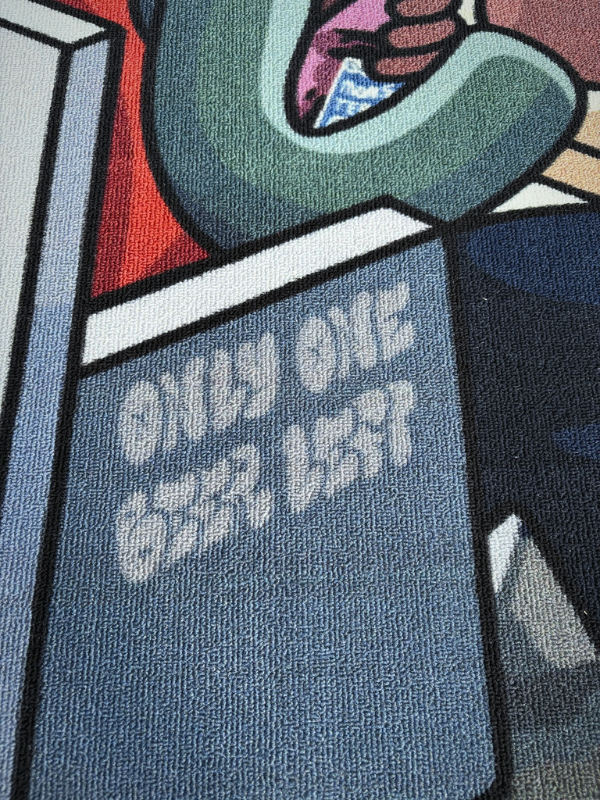 MM..FOOD rug – text detail MM..FOOD rug close-up of the text “ONLY ONE BEER LEFT.” on the chair element
