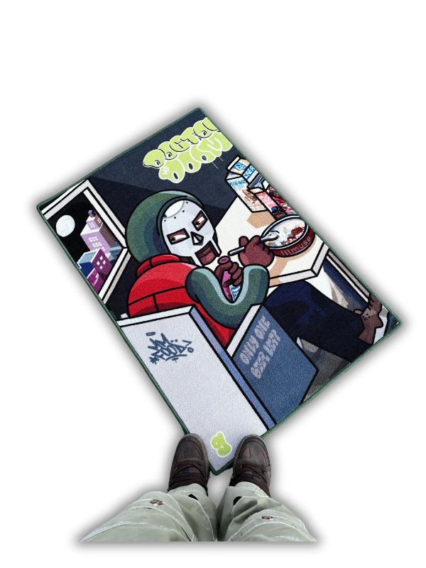 MM..FOOD rug, bowl motif, person on edge