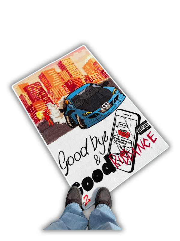 Juice WRLD rug, car-figure motif, person on edge