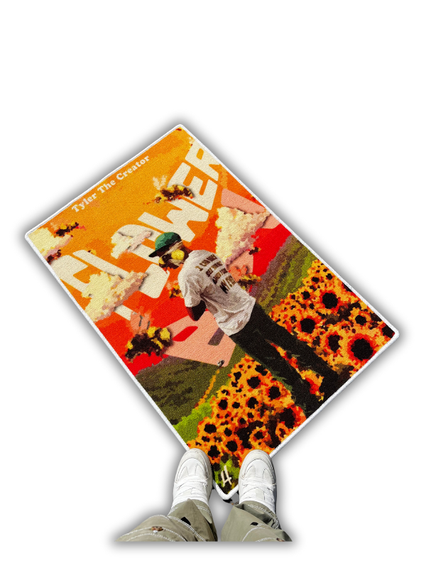 Flower Boy rug, sunflower motif, person on edge